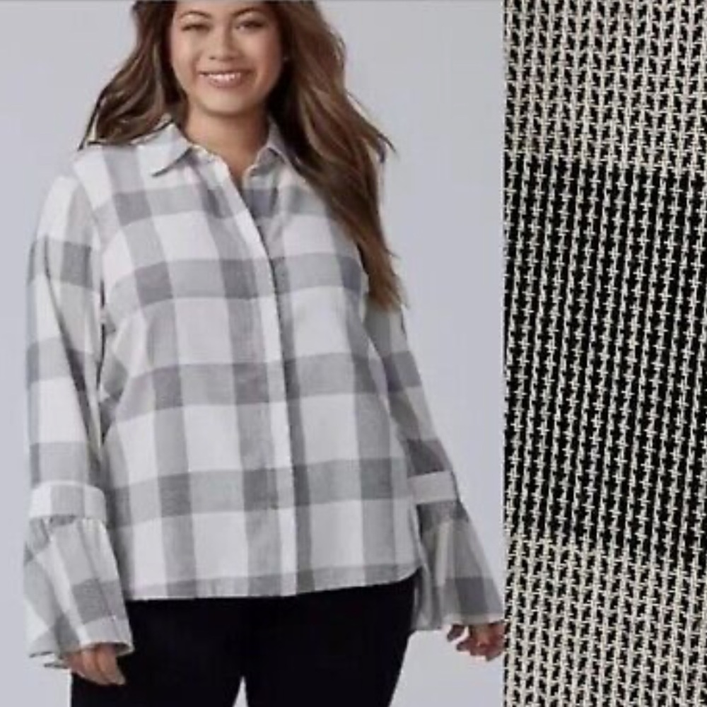 Lane Bryant Plaid Check Print Ruffle Bell Sleeves Button Down Blouse Cotton 🩶🤍